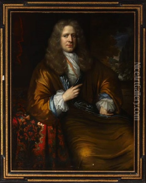 Portrait Of A Gentleman Wearing A Gold Cloak With Blue Trim, Seated Before A Landscape Oil Painting - Jan Vollevens the Elder