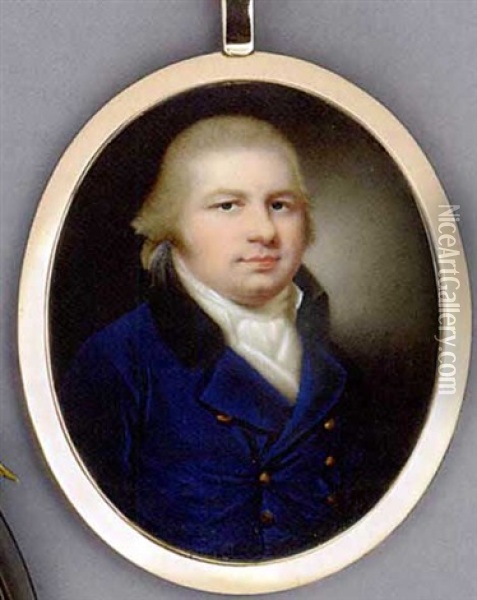 A Gentleman In Blue Coat With Gold Buttons And Black Collar, White Waistcoat And Cravat, Powdered Hair Oil Painting - Henry Spicer