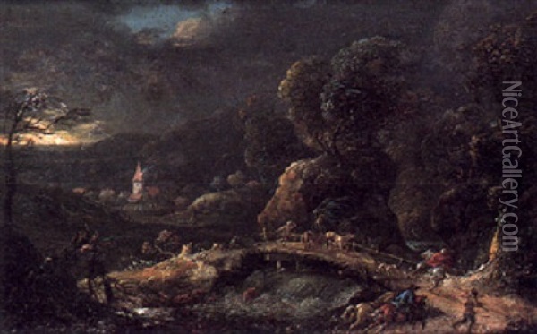 A Thunderstorm In A Wooded River Landscape With Travellers Oil Painting - Peter Von Bemmel