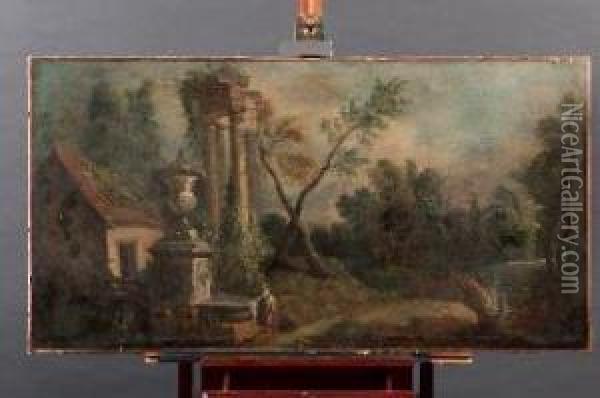 Capriccio In Foresta Con Fontana, Resti Di Tempio Classico E Capanna Oil Painting - Nicolas-Jacques Juliard