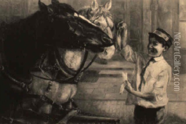 Tram Conductor Feeding Banana Peel To Horses Oil Painting - Glenn O. Coleman