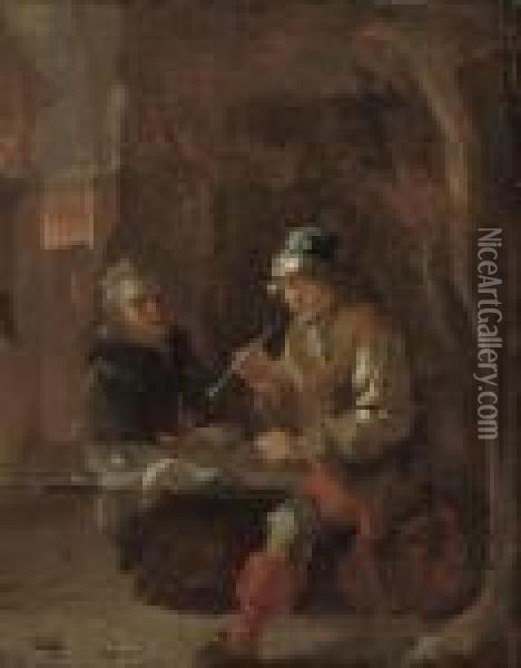 A Young Boy Seated At A Table, Smoking A Pipe, With An Old Man Oil Painting - Sebastian Bourdon