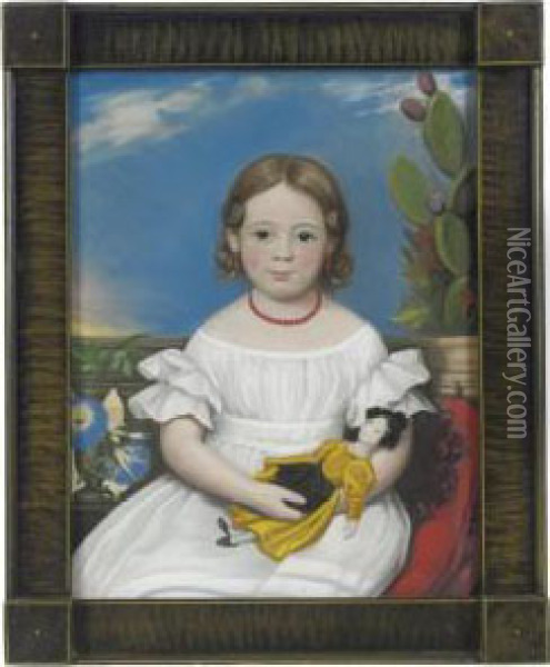 Portrait Of Brown-haired Little 
Girl Holding Doll In Yellow Dress Cactus And Morning Glories In The 
Background Oil Painting - Joseph Whiting Stock