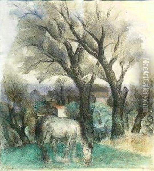 Horse Grazing Oil Painting - Simkha Simkhovitch