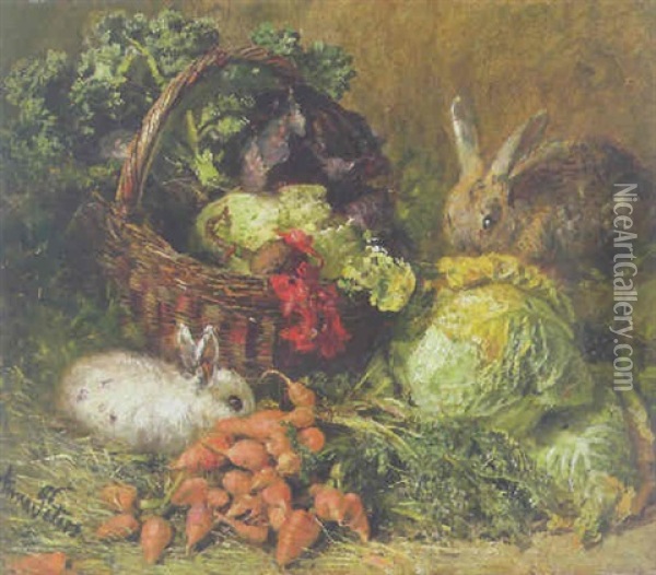Zwei Hasen Haben Die Leckerbissen Eines Gefullten Gemusekorbes Entdeckt Oil Painting - Anna Peters