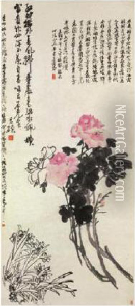 Peony And Narcissus Oil Painting - Wu Changshuo