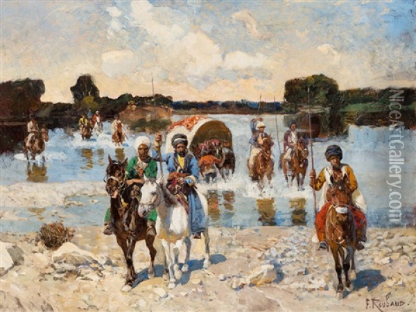 Circassian Horsemen Fording A River Oil Painting - Franz Roubaud