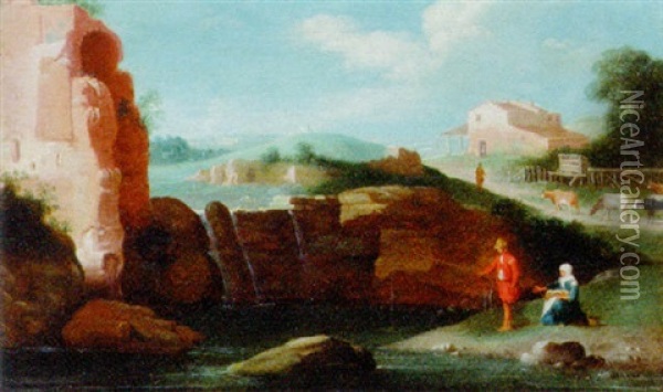 An Italianate River Landscape With A Peasant Fishing By Ruins Oil Painting - Bartholomeus Breenbergh