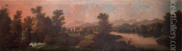 Pecheurs Et Paysans Dans Un Paysage De Riviere Et De Cascade Oil Painting - Johann Christoph Von Bemmel