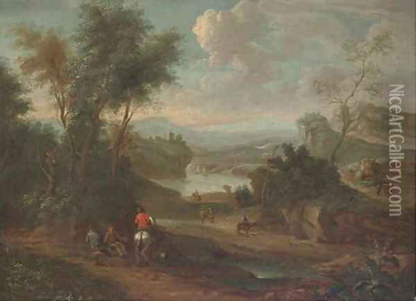 A wooded river landscape with a figure on horseback conversing with two travellers resting on a track Oil Painting - Jan Wynants