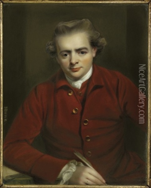 John Gawler, In Red Jacket And Waistcoat With Gold Buttons, Fine Linen Shirt, Knotted Cravat, Holding A Quill In His Right Hand And Resting His Arm On A Book Positioned Upon A Table Oil Painting - Henry Bone