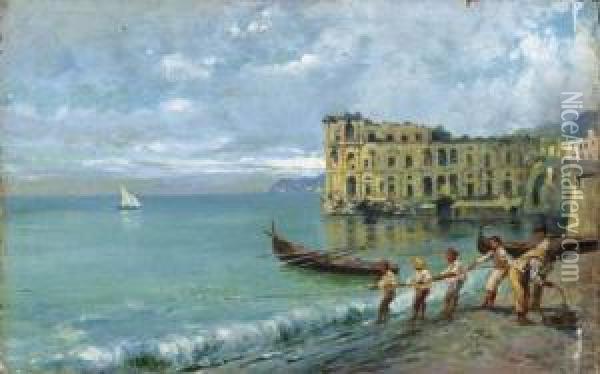 Fishermen In The Bay Of Naples By The Palazzo Sant'anna Oil Painting - Antonino Leto