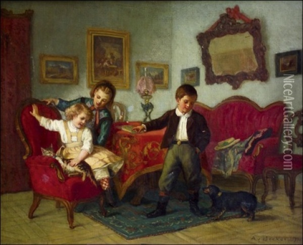 Lapset Leikkivat Kissan Ja Koiran Kanssa Oil Painting - Adolf von Becker