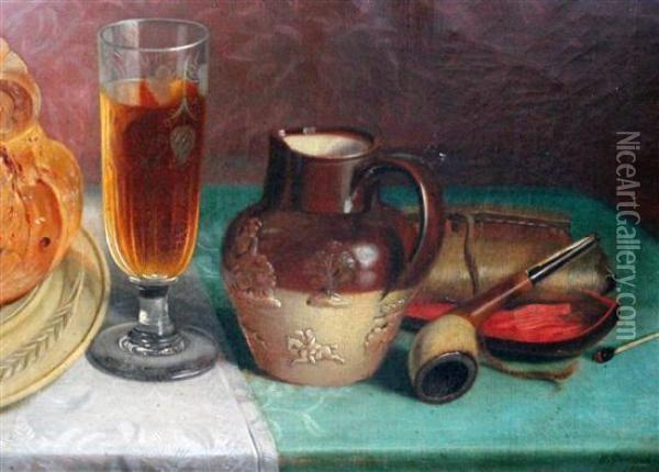 Still Life Of An Ale Glass, Jug And Tobacco Pouch Oil Painting - William Garland