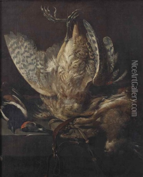 A Hunting Still Life With A Heron, Magpie, Finch, Hare And A Hunting Bag On A Stone Ledge Oil Painting - Pieter Van Noort