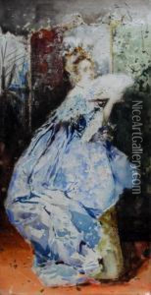 Lady In An Interior With A Fan Oil Painting - Salvador Sanchez-Barbudo Morales