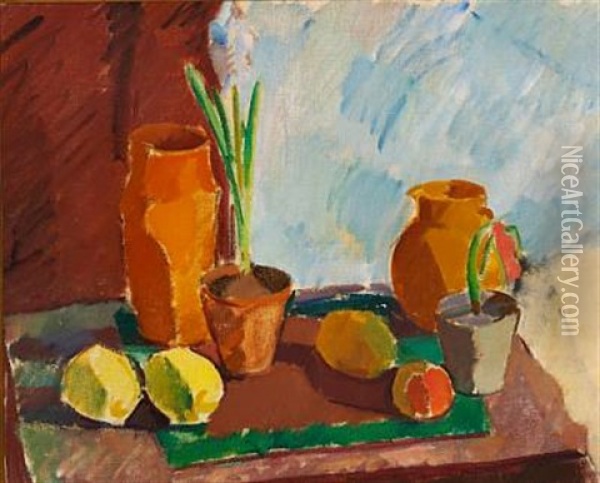 Still Life With Hyacinth, Vases And Fruits Oil Painting - Karl Isakson