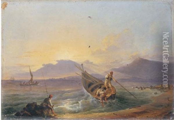 Barche E Pescatori Lungo La Costa Livornese Oil Painting - Pietro Della Valle