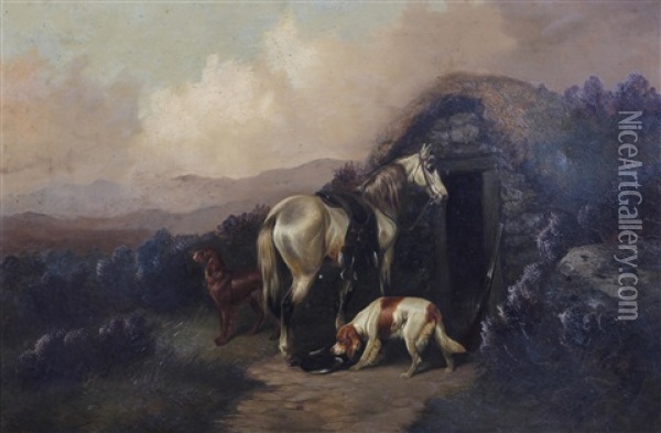 Hunting Pony And Dogs By A Bothy On The Moor Oil Painting - Colin Graeme