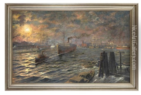Ansicht Des Hamburger Hafens Im Abendlicht Oil Painting - Karl Josef Mueller