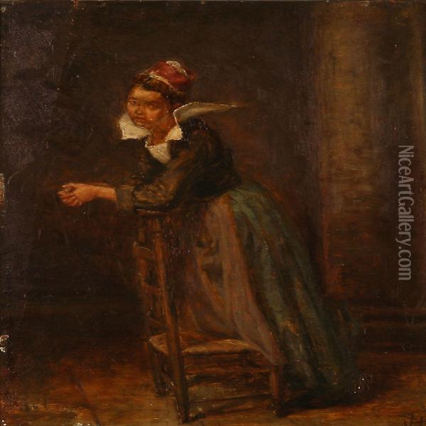 Interieur With A Young Woman Leaning Against A Ladder-backchair Oil Painting - Hans Christian Koefoed
