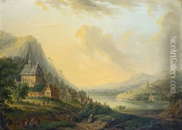Flusslandschaft Mit Dorf Und Kirche Oil Painting - Christian Georg Schuetz the Younger