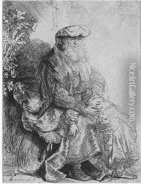 Abraham Caressing Isaac (b., Holl.33; H.148; Bb.37-2) Oil Painting - Rembrandt Van Rijn