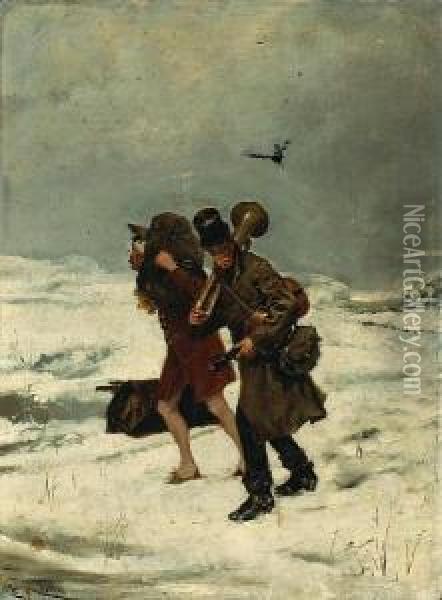 Travelling Musicians In The Snow Oil Painting - Enrique Miralles Darmanin