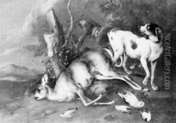 Two Hounds Standing Guard Over A Dead Dear And Song Birds In A Landscape Oil Painting - Wenzel Ignaz Prasch