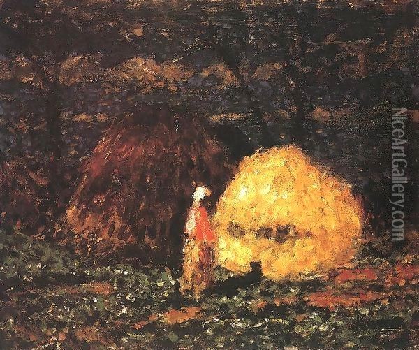 Haystacks with Woman in Pink Blouse 1940 Oil Painting - Jeno Remsey