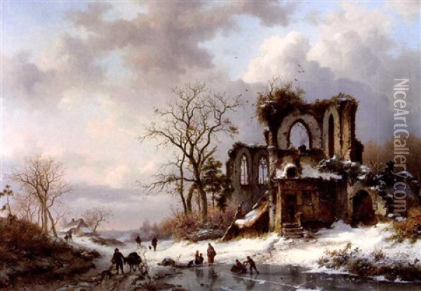 A Winter Landscape With Figures By A Gothic Ruin Oil Painting - Frederik Marinus Kruseman