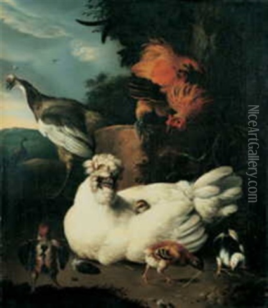Eine Glucke Mit Ihren Kuken Oil Painting - Melchior de Hondecoeter