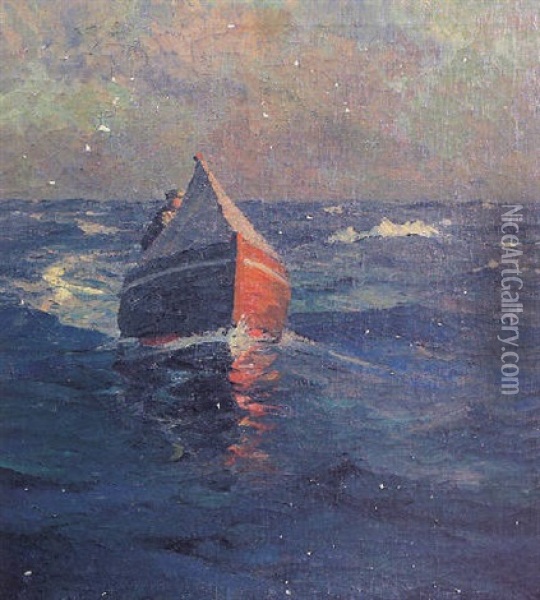 Lone Figure In A Small Sailboat Oil Painting - Alexander Bower