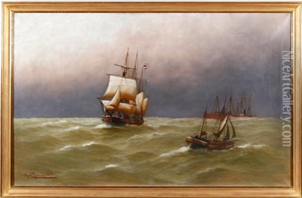 Marine Motif With Sailing Ships At Sea Oil Painting - Alfred Serenius Jensen