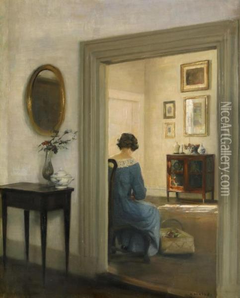 Interior Med Sittande Kvinna Oil Painting - Carl Vilhelm Holsoe