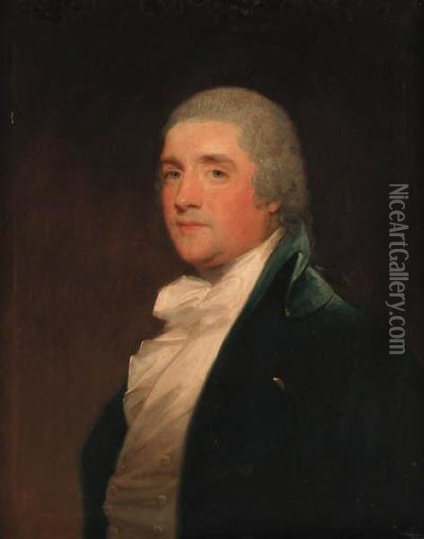 Portrait Of A Gentleman, Half-length, In A Blue Coat With A Whitecravat And Waistcoat Oil Painting - Gilbert Stuart