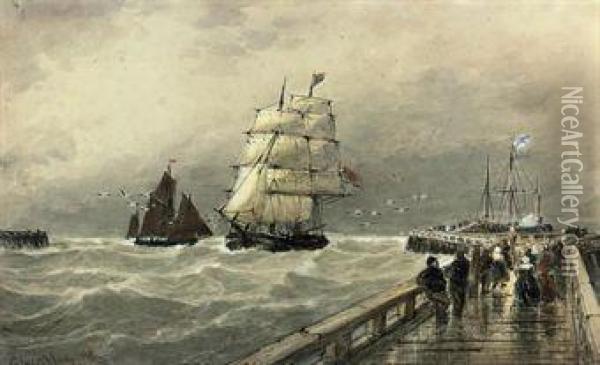 A Frigate And Other Shipping In The Entrance To Calaisharbour Oil Painting - Thomas Bush Hardy