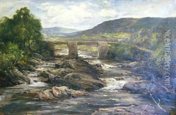 Moorland Scenewith River And A Stone Bridge On Foreground Oil Painting - Francis Abel William Armstrong