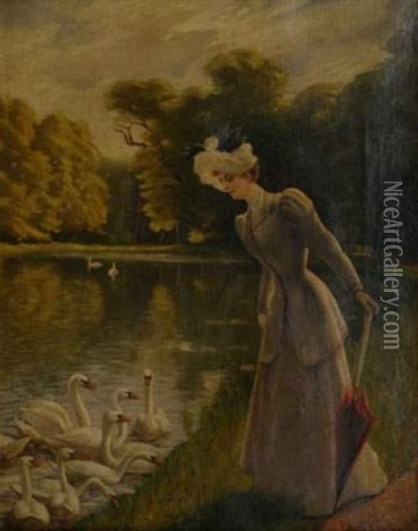 Femme Aux Cygnes Oil Painting - Jules Cayron
