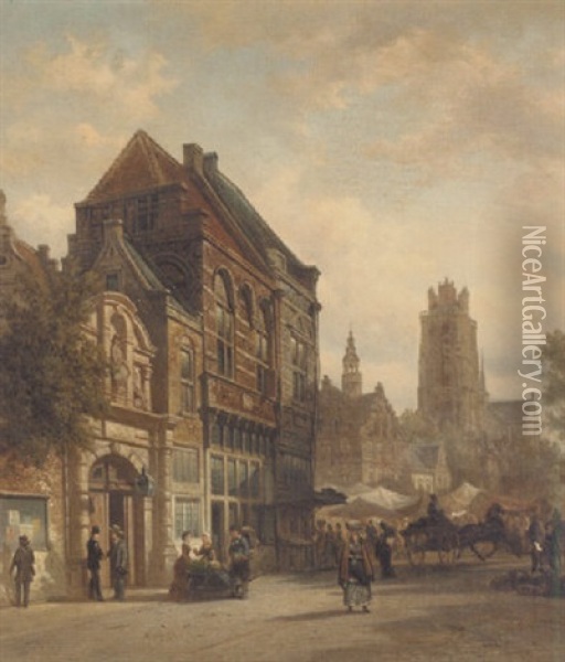 A Dutch Market Square Oil Painting - Elias Pieter van Bommel