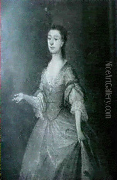 Portrait Of A Lady, Said To Be Miss Meynell, Standing       Three-quarter Length Wearing A Blue Dress... Oil Painting - Joseph Highmore
