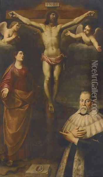 The Crucifixion with a male donor Oil Painting - Spanish School