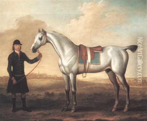 A Grey Racehorse Held By A Groom Oil Painting - James Seymour