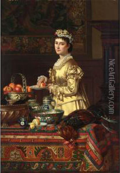 An Interior With An Elegant Lady Standing By A Kitchen Still Life Oil Painting - J.D. Stevens
