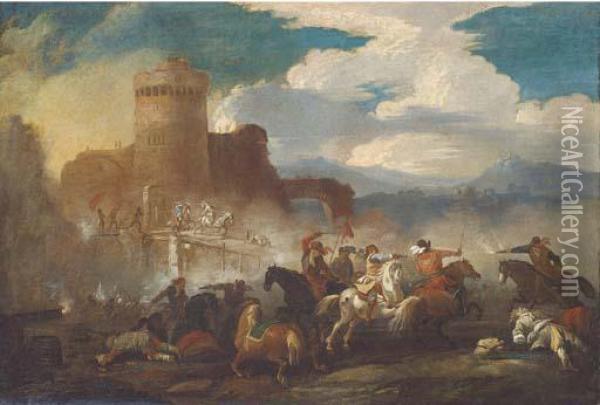 A Cavalry Battle Outside A Castle Oil Painting - Guglielmo Cortese Il Borgognone