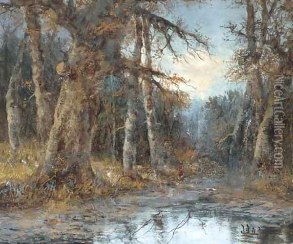 A pond in the woods Oil Painting - Theodore Hines