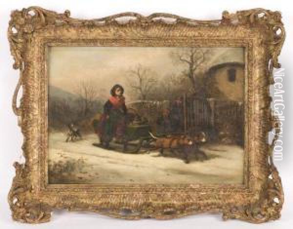 A Snow Scene With A Girl Riding A Sledge Pulled By Dogs Oil Painting - Alexis de Leeuw