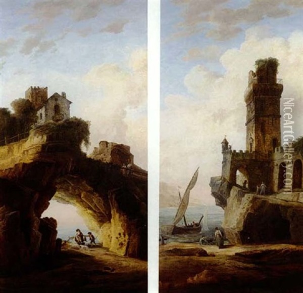 Shepherds In A Grotto Beneath A House And Figures By The    Ruins Of A Castle On A Rocky Shore: A Pair Of Paintings Oil Painting - Hubert Robert