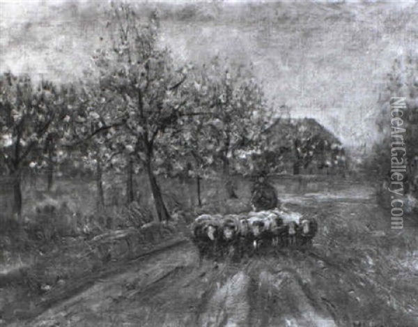 Schafer Mit Herde Vor Bluhenden Baumen Oil Painting - Helmuth Liesegang