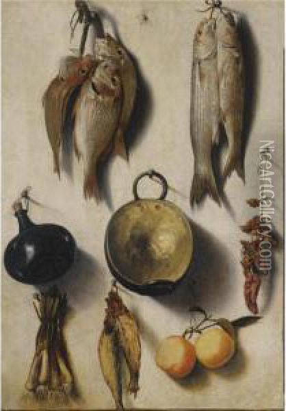 Fish, Chillies, Spring Onions, Oranges, A Flask And A Cookery Pot, All Hanging From A Wall Oil Painting - Vicente Victoria